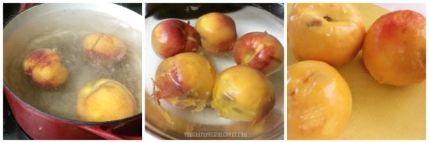 Peaches are diped in boiling water, then ice water to remove peels.