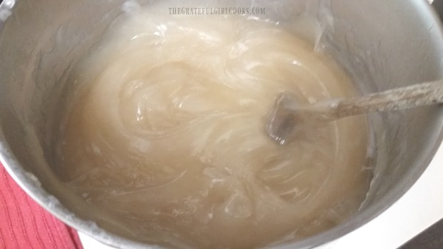 The sugary mixture for peach pie filling has thickened up in the pan.