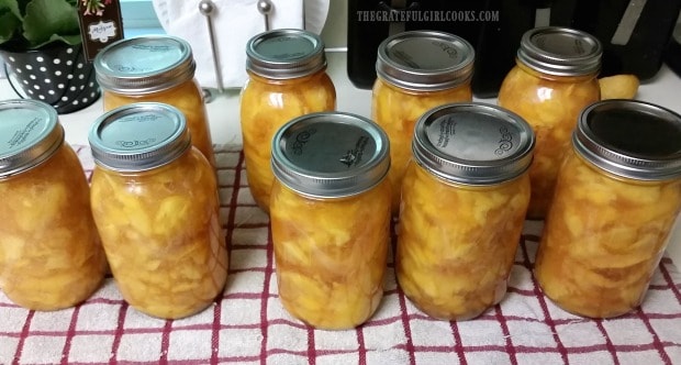 Finished jars of canned peach pie filling, cooling on counter.