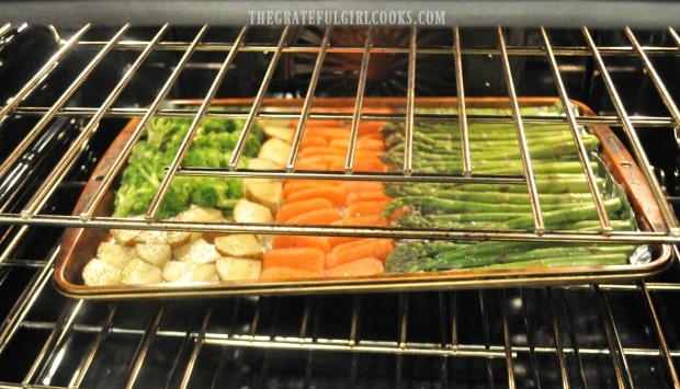 Oven roasted veggies, cooking away in the oven.