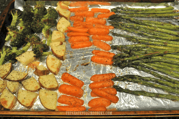 The vegetables are flipped to other side half way through roasting time.