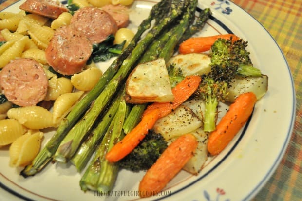 The oven roasted veggies are served hot, alongside the main dish.