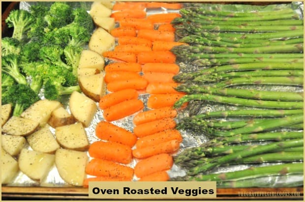 Oven roasted veggies are lightly seasoned with olive oil and a few spices, then baked. Great way to cook a variety of veggies, & ready in 20 minutes!