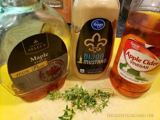 Only 4 ingredients needed to make the glaze: maple syrup, dijon, cider vinegar and thyme.