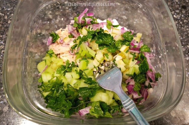 Tuna, chopped veggies and non-fat Greek yogurt are mixed in bowl.