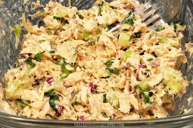 Here is an up close look at the tuna salad after all ingredients are mixed together.