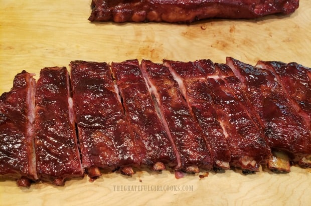 The BBQ baby back ribs are sliced into individual portions, and are ready to EAT!