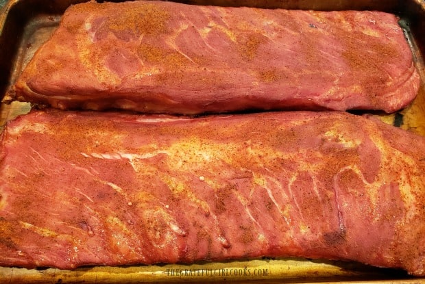 Two racks of smoked ribs ready for the next step.