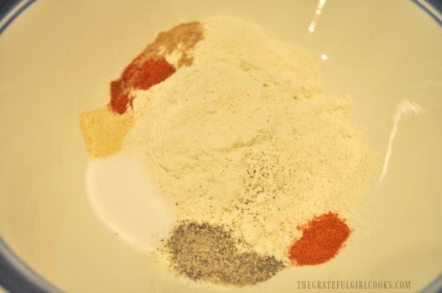 Spices in bowl are combined to make seasoning for the baja fish tacos.