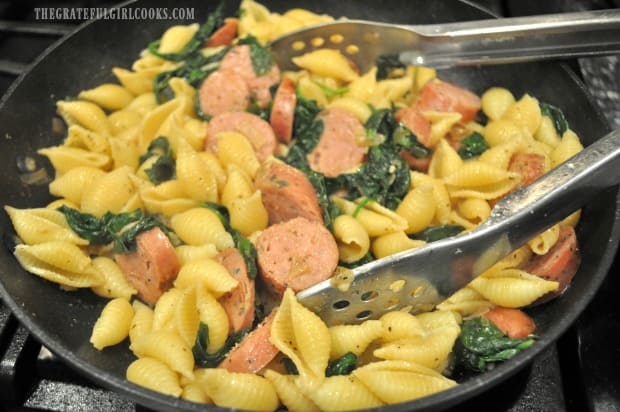 The chicken sausage and spinach pasta is almost ready!