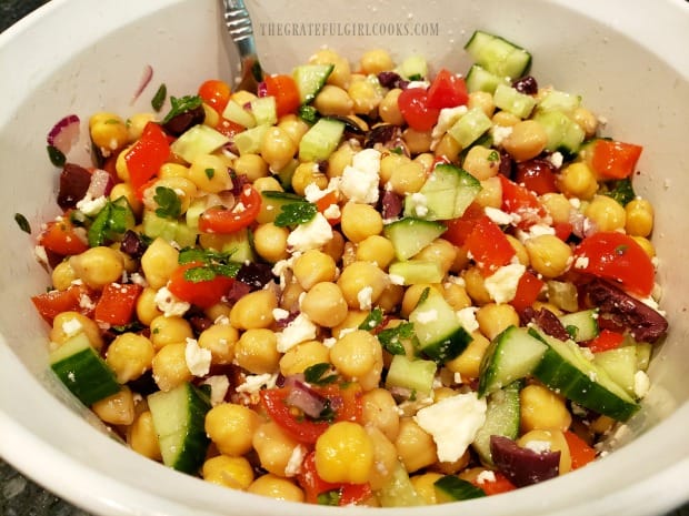 A bowl full of the Greek garbanzo salad, ready to eat!