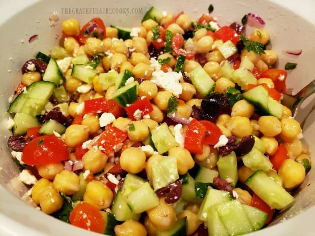 Greek garbanzo salad is chilled, then served!