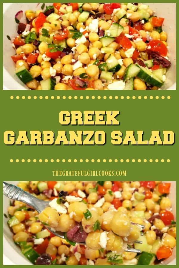 Delicious Greek garbanzo salad, with kalamata olives, feta cheese, cucumbers, peppers & light dressing, is vegetarian, gluten-free, and super easy!