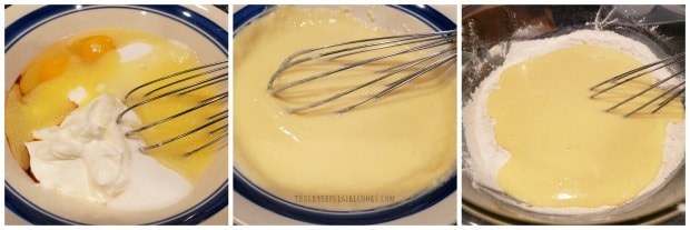 Eggs, sour cream, etc. are mixed together, then added to dry ingredients to make muffin batter.