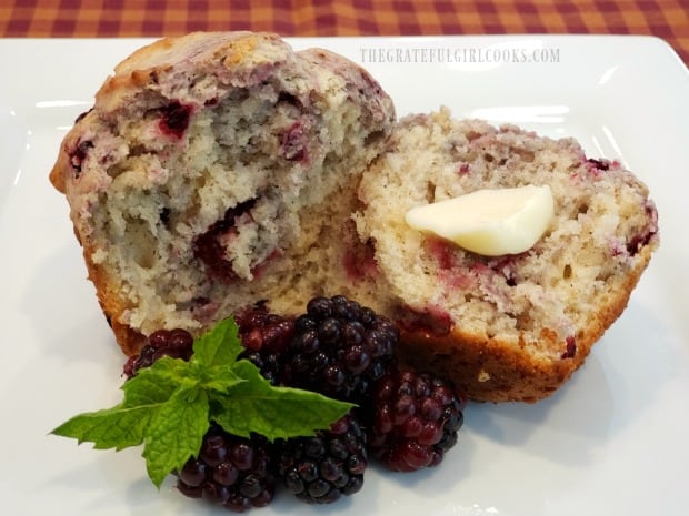 You can see the blackberry pieces inside each of the blackberry muffins once cut.