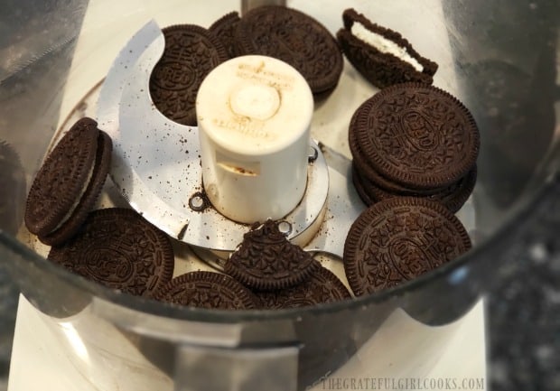 Pulverizing Oreo cookies in a food processor for the ice cream.