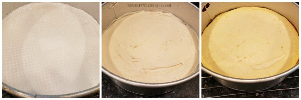 A springform pan is lined, filled with cheesecake filling, and baked for 30 minutes.