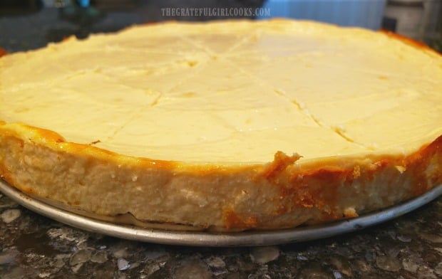 A view of the sugar free cheesecake from the side, after baking.