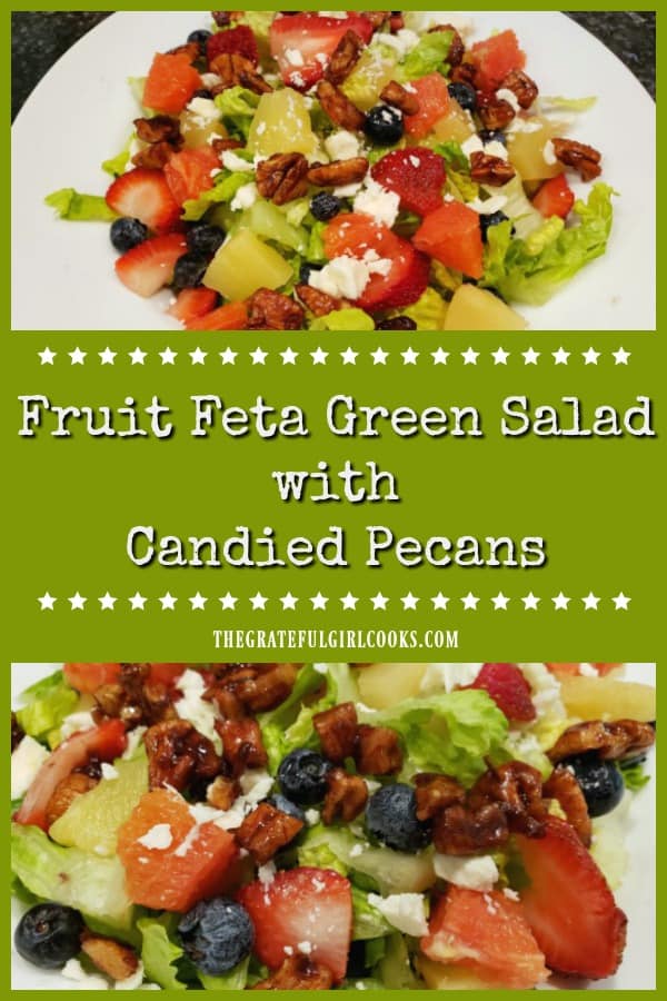 Fruit feta green salad w/ candied pecans & poppyseed dressing is a Panera copycat recipe, w/ romaine, strawberries, pineapple, blueberries & oranges!