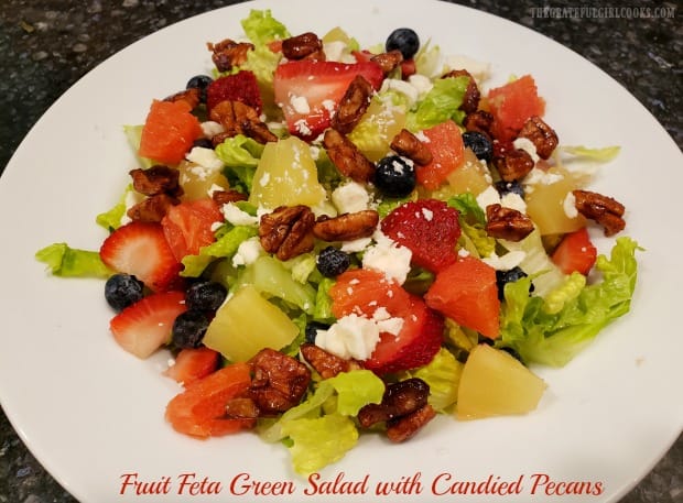 Fruit feta green salad w/ candied pecans & poppyseed dressing is a Panera copycat recipe, w/ romaine, strawberries, pineapple, blueberries & oranges!