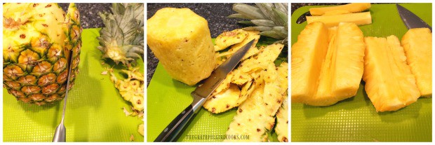 Peeling and slicing the fresh pineapple for grilling.