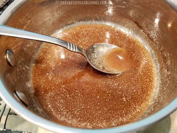 A brown sugar, butter, honey & cinnamon glaze is mixed to brush onto the pineapple spears.