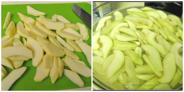 Apples are peeled, cored, sliced and treated to prevent browning.