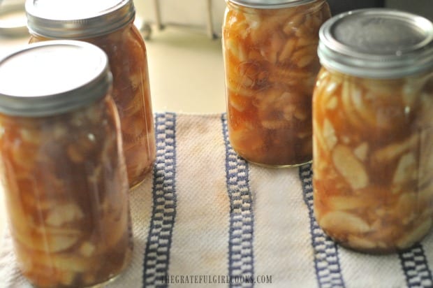 Four jars of apple pie filling resting on dish towel after processing.