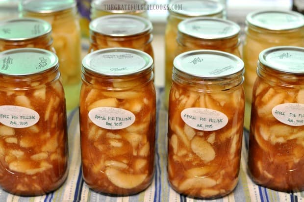 The jars of apple pie filling are cleaned, seal is checked, and are labeled for storage.