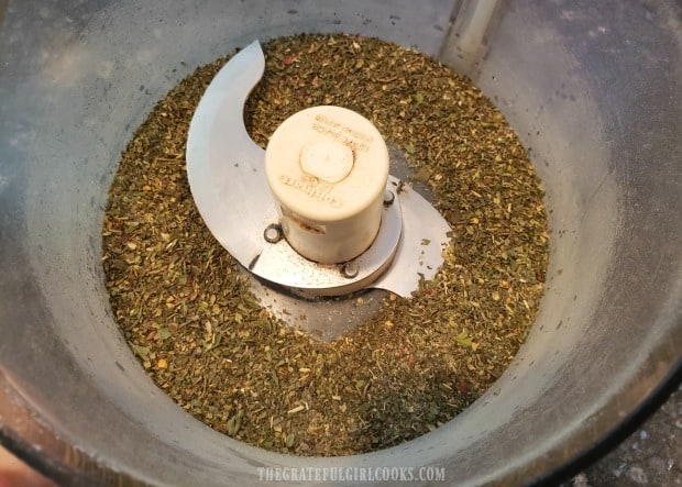 The spices are ground in a food processor or coffee grinder.