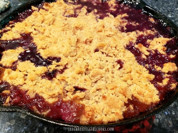 Here is the finished cobbler cooling down on the counter before serving.