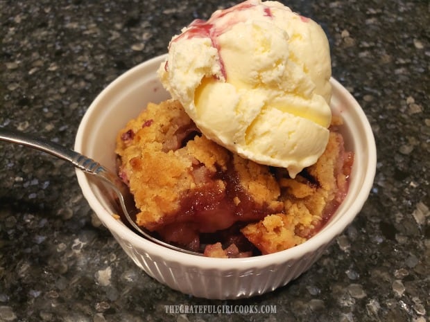 This cobbler tastes great with a scoop of ice cream and juices from skillet drizzled over the top.