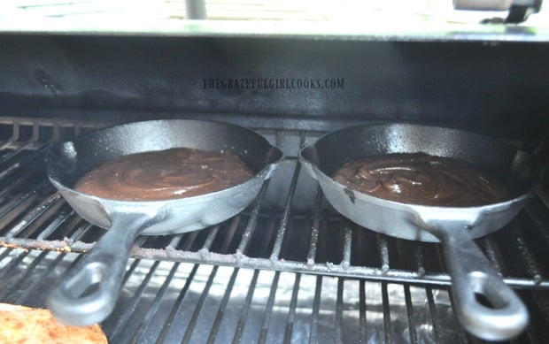 The skillet brownies for 2 baking in a Traeger pellet grill, but can also cook in an oven.