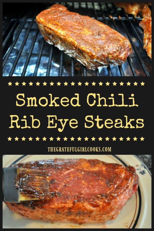 Use a Traeger, pellet smoker or BBQ to make delicious Smoked Chili Rib Eye Steaks. An easy, flavorful spice rub coats the smoked, then grilled steaks.