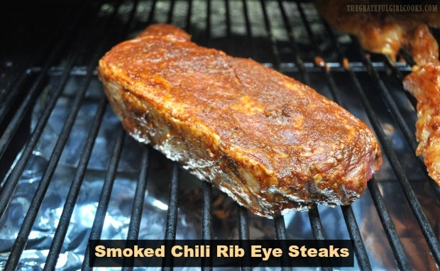 Use a Traeger, pellet smoker or BBQ to make delicious Smoked Chili Rib Eye Steaks. An easy, flavorful spice rub coats the smoked, then grilled steaks.