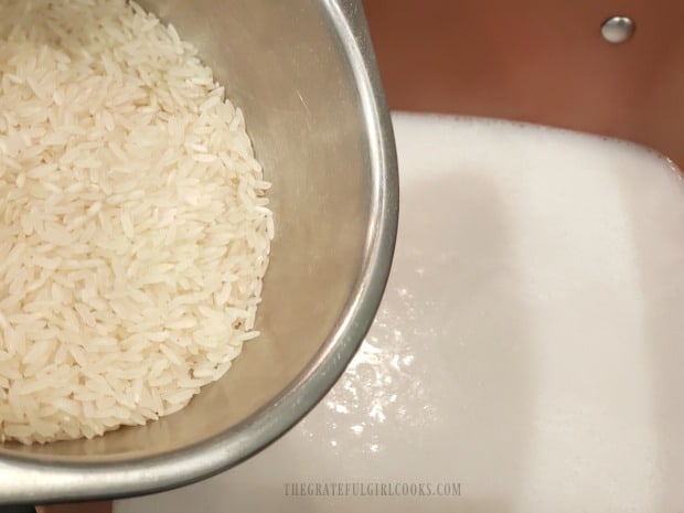 Jasmine rice is added to boiling coconut milk and water in pan.