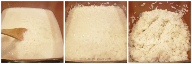 The rice is stirred occasionally while it cooks and coconut milk is absorbed.