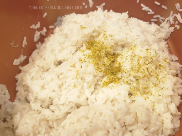 Lime juice and zest are added to pan, and combined to make coconut lime rice!