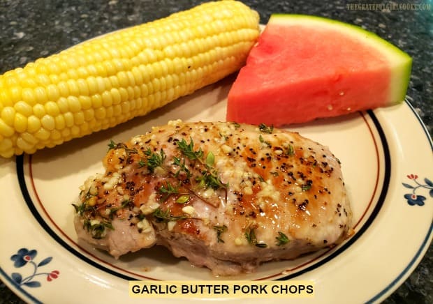 Garlic Butter Pork Chops are a simple (20 minute) main dish, made by pan-searing chops, then finishing them in the oven, covered in a savory sauce!
