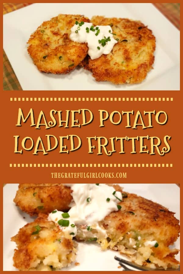 Use your leftovers to make yummy Mashed Potato Loaded Fritters, filled with bacon, green onions, cheddar cheese, & coated with crispy panko crumbs!