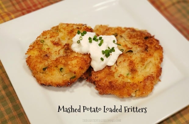 Use your leftovers to make yummy Mashed Potato Loaded Fritters, filled with bacon, green onions, cheddar cheese, & coated with crispy panko crumbs!