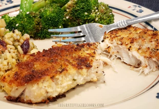 The panko crusted rockfish is cooked through, and flakes easily.