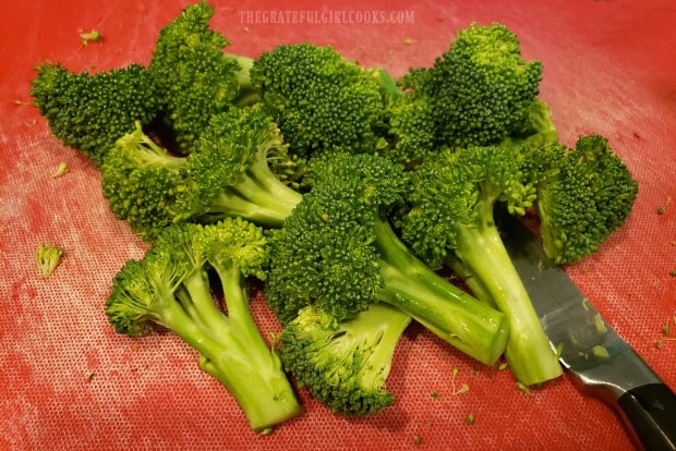Broccoli is cleaned, then cut into long spears before cooking.