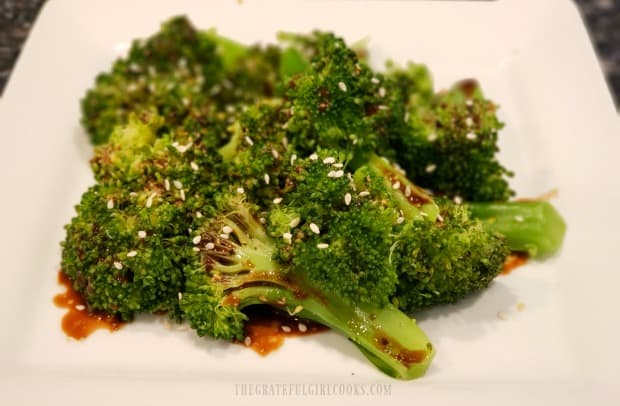 Tangy balsamic dressing adds flavor to the cooked broccoli spears.