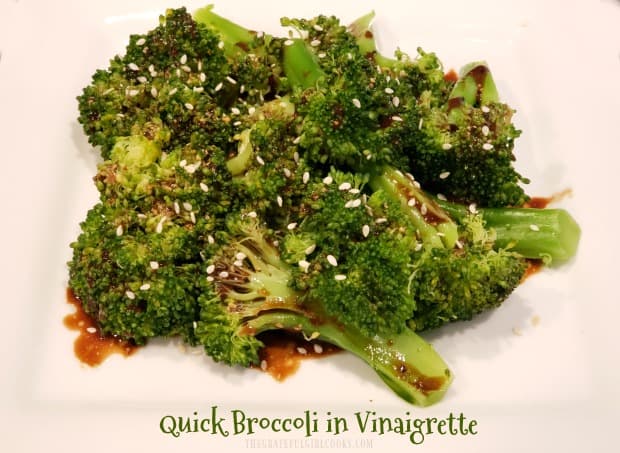 Quick broccoli in vinaigrette is a fast, easy way to serve a tasty veggie side dish! Enjoy steamed broccoli, drizzled with a tangy balsamic dressing.