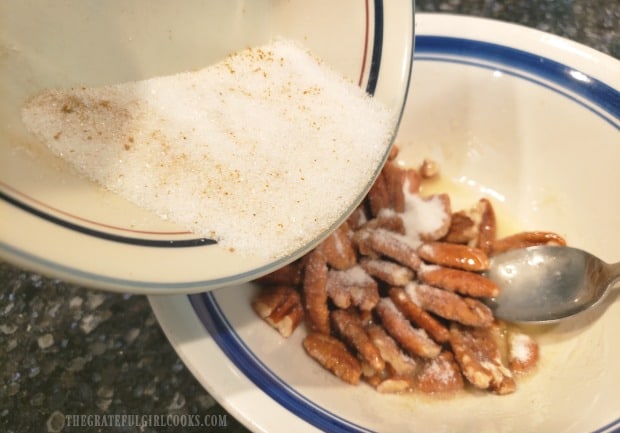 Sugar mixed with curry powder, ginger, salt and red pepper is added to the buttered pecans.