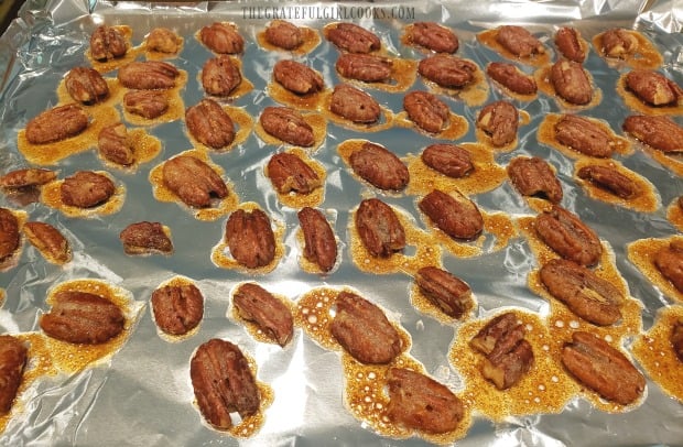 Sugared curry ginger pecans are finished baking and are cooling down.