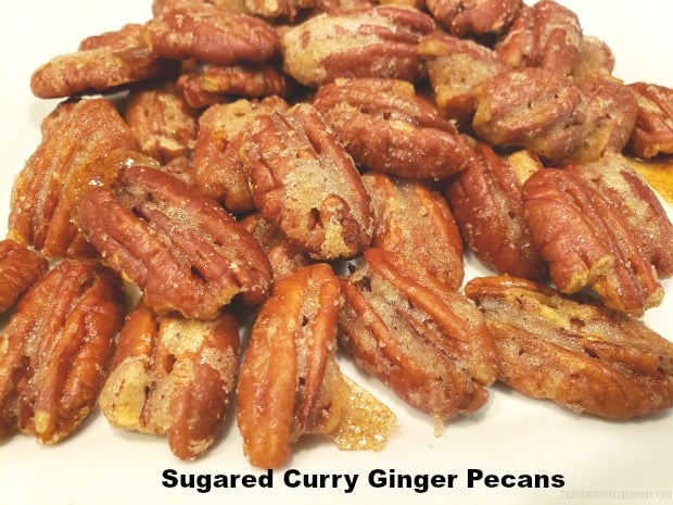 Make delicious sugared curry ginger pecans, baked in a buttery glaze, in only 20 minutes! This appetizer or snack is not too sweet, and not too spicy!