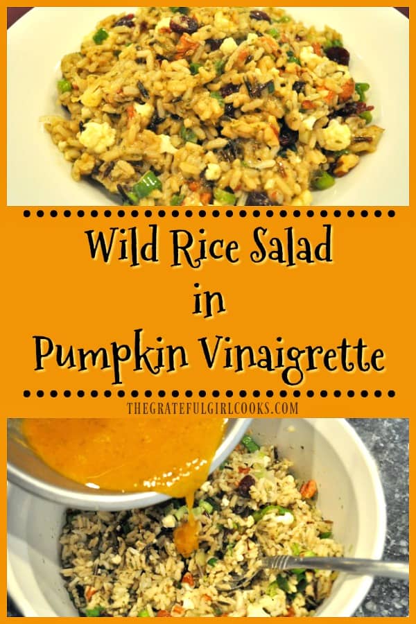 Enjoy this wild rice salad, with dried cranberries, cauliflower, green onions, and toasted pecans, seasoned with an easily made pumpkin vinaigrette!