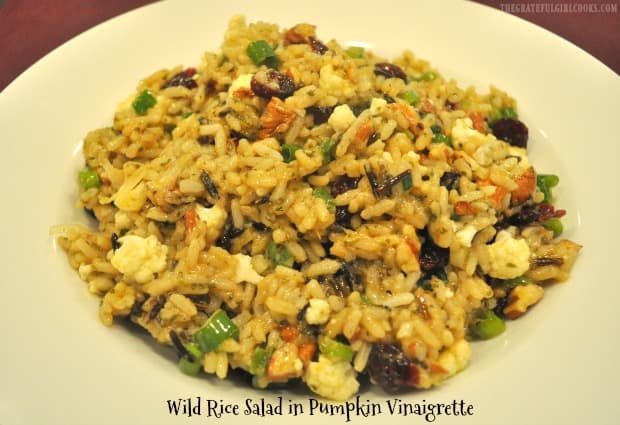 Enjoy this wild rice salad, with dried cranberries, cauliflower, green onions, and toasted pecans, seasoned with an easily made pumpkin vinaigrette!